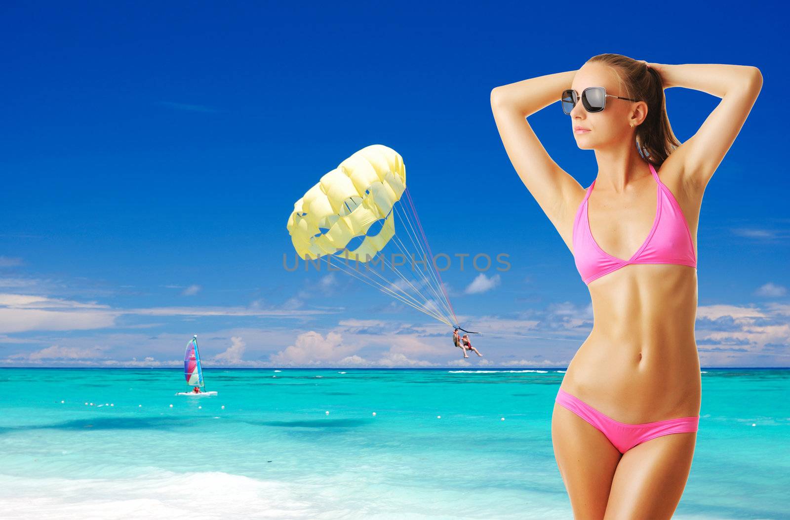 Woman with beautiful body wearing sunglasses at tropical beach. Collage.