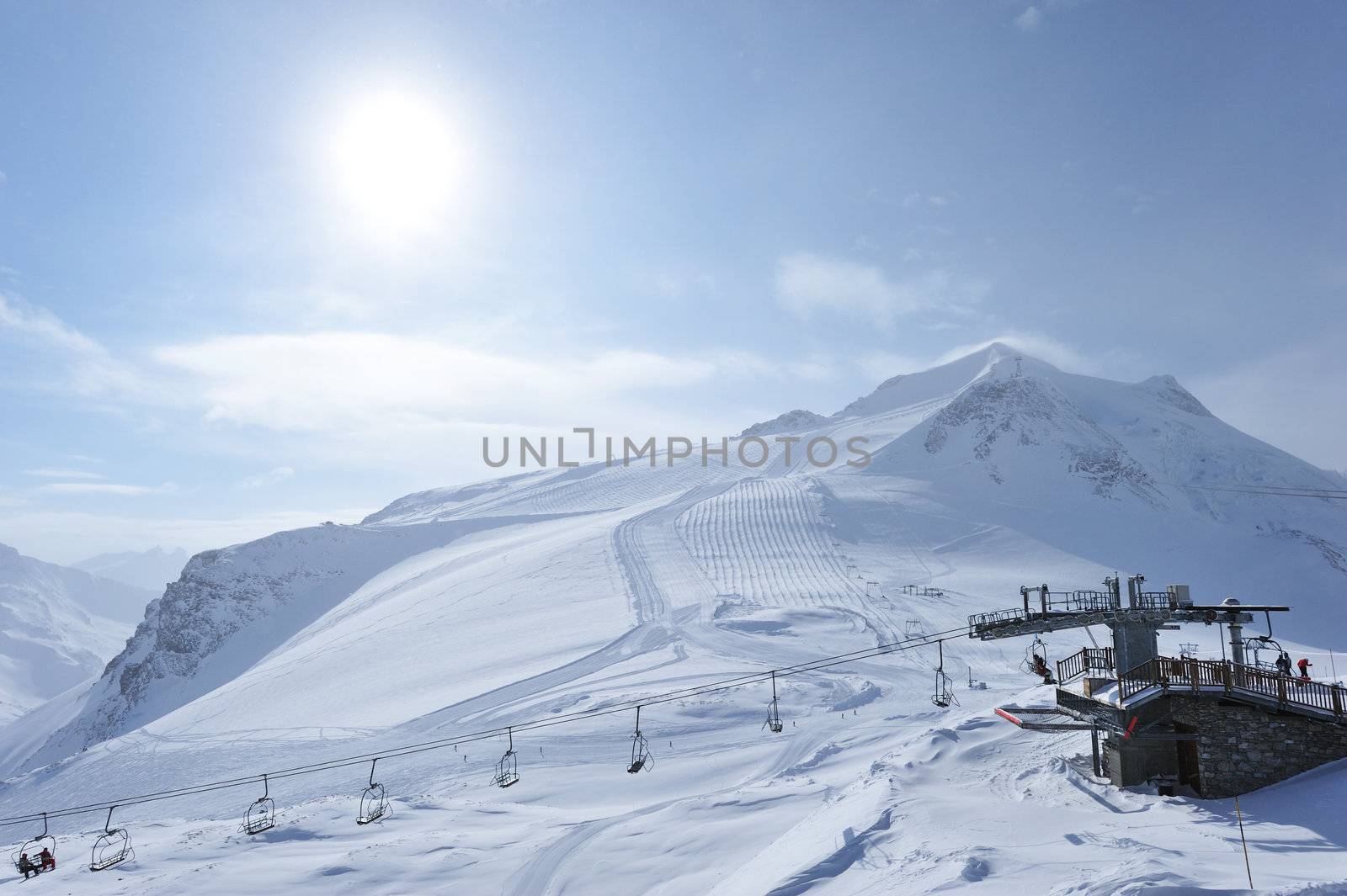 Ski lift station in mountains at winter, Val-d'Isere, Alps, France