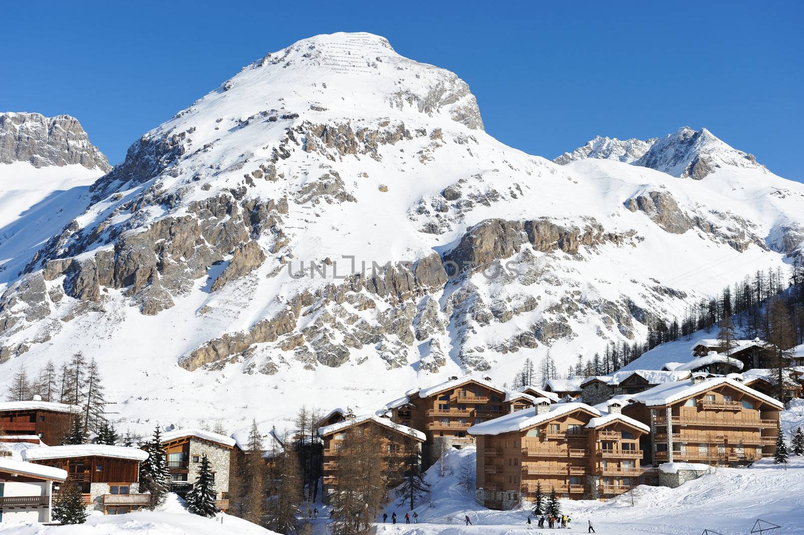 Mountain ski resort with snow in winter, Val-d'Isere, Alps, France