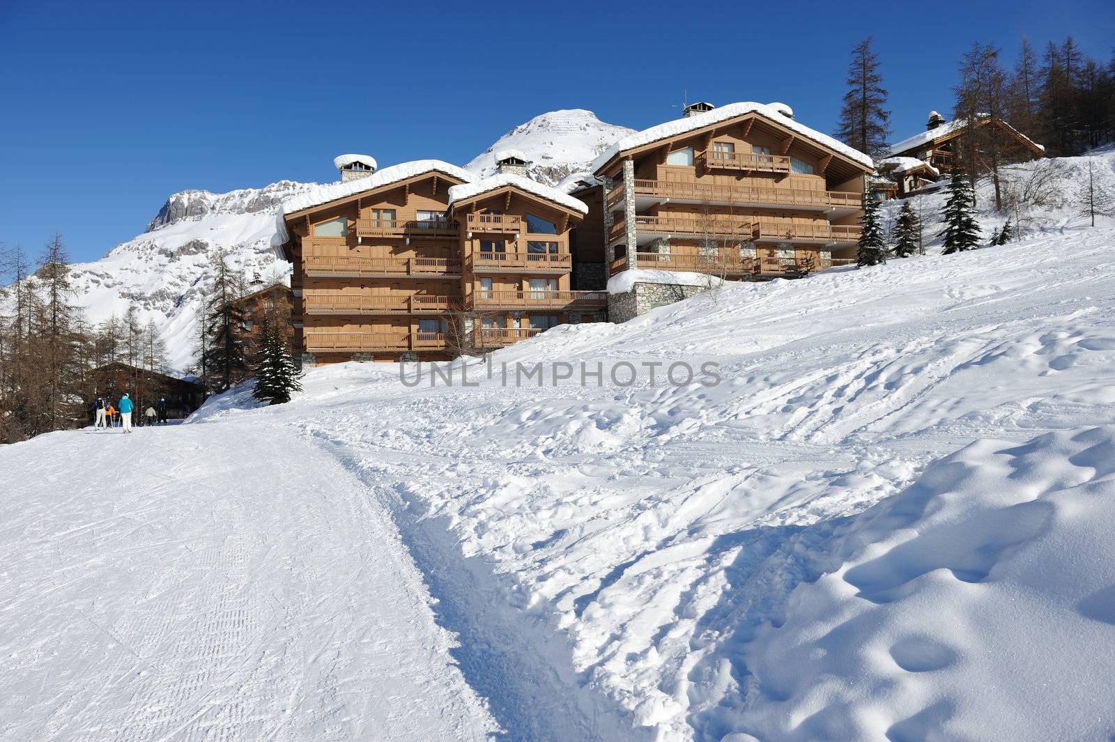 Mountain ski resort with snow in winter, Val-d'Isere, Alps, France