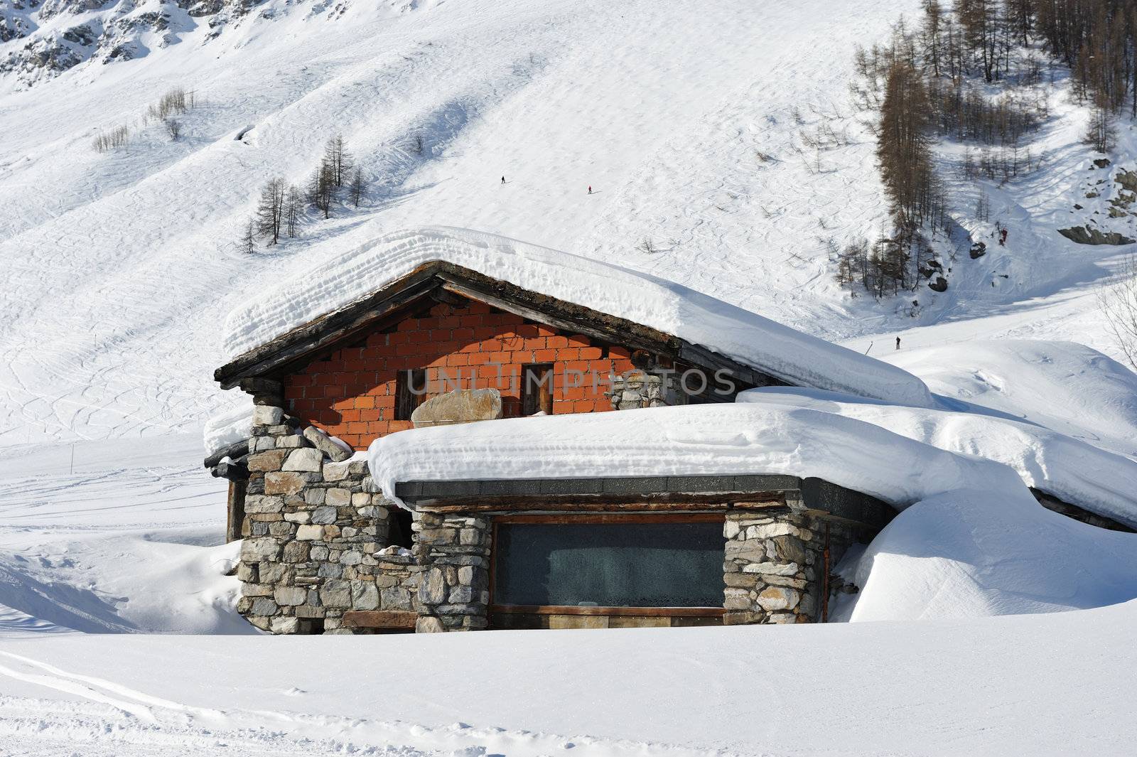 Mountain ski resort with snow in winter, Val-d'Isere, Alps, France
