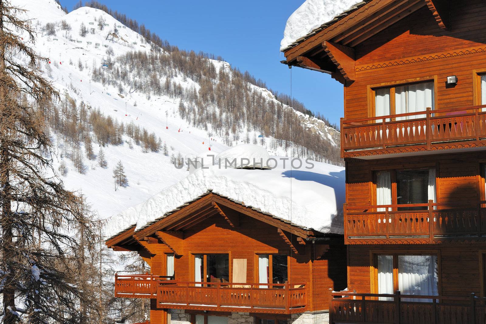 Mountain ski resort with snow in winter, Val-d'Isere, Alps, France