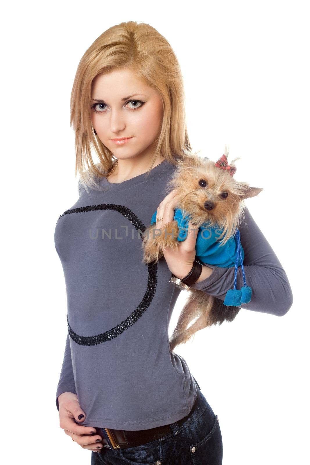 Pretty blonde posing with puppy. Isolated on white