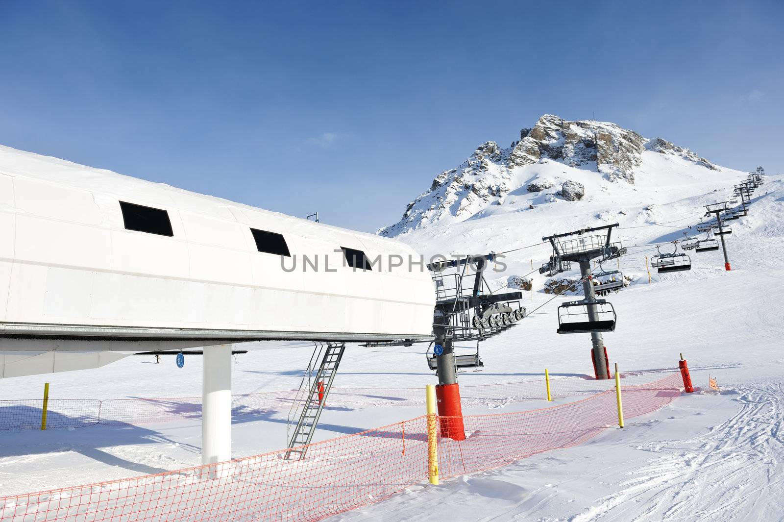 Ski lift station in mountains at winter, Val-d'Isere, Alps, France