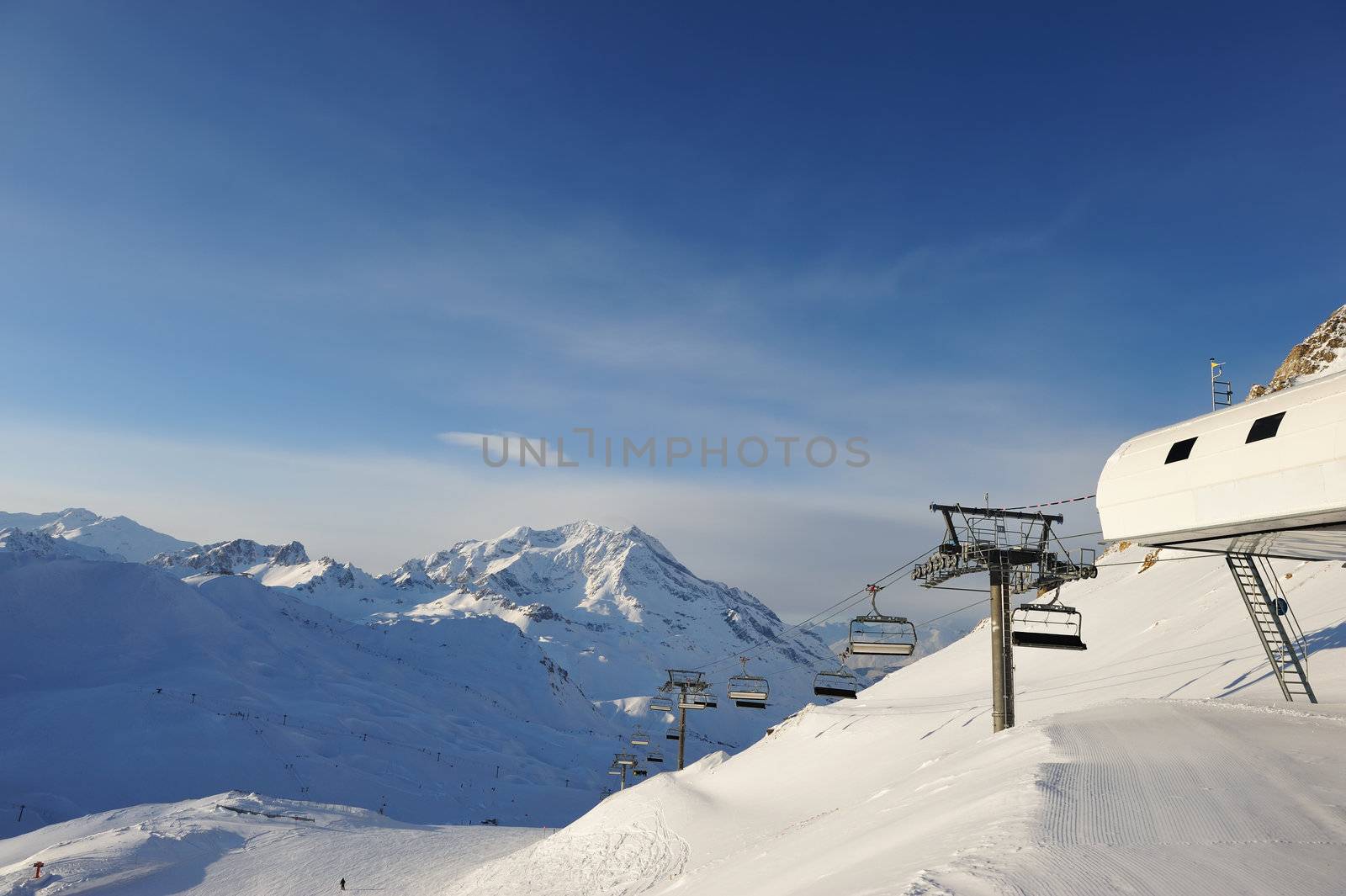 Ski lift station in mountains at winter, Val-d'Isere, Alps, France