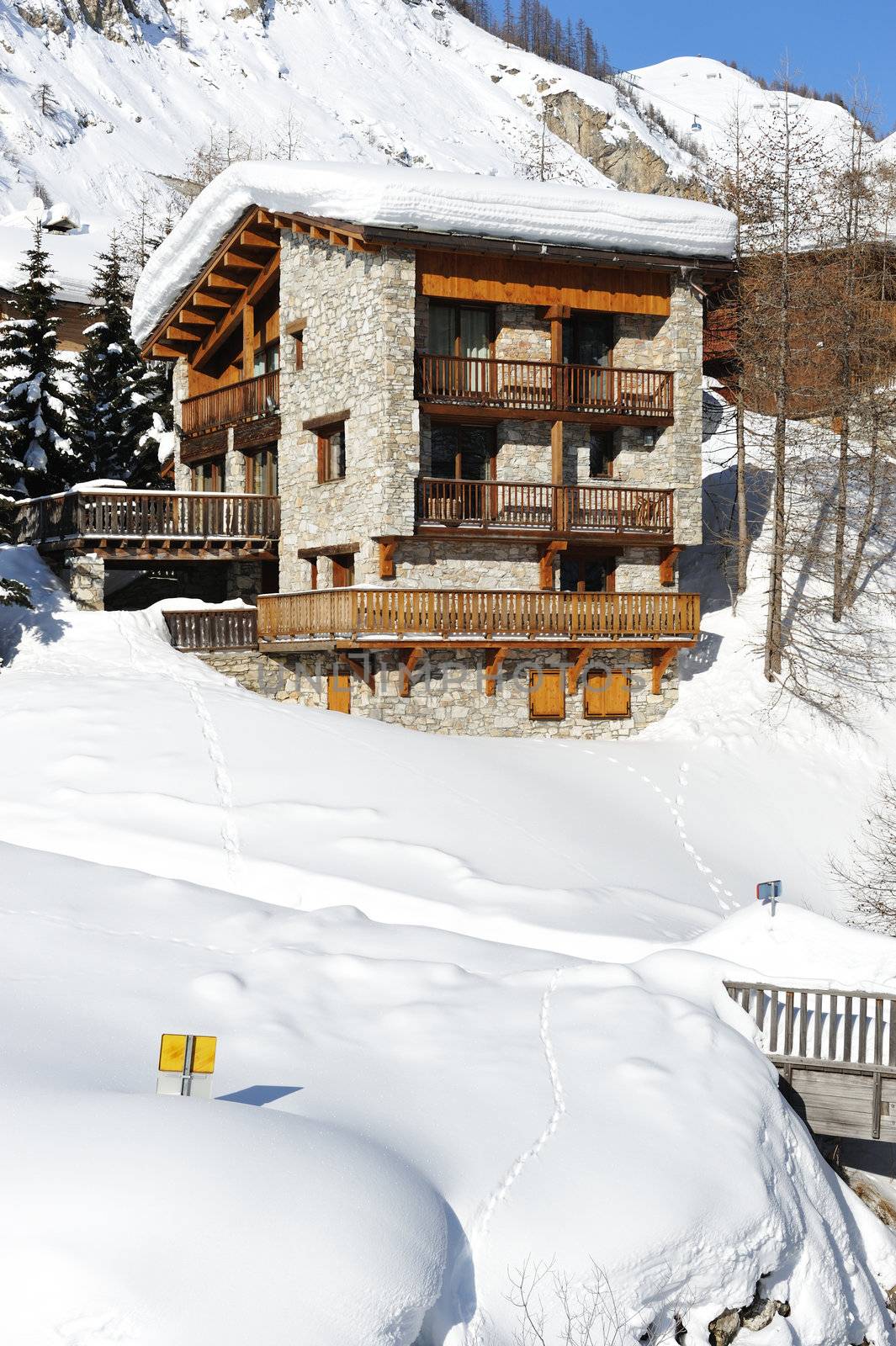 Mountain ski resort with snow in winter, Val-d'Isere, Alps, France