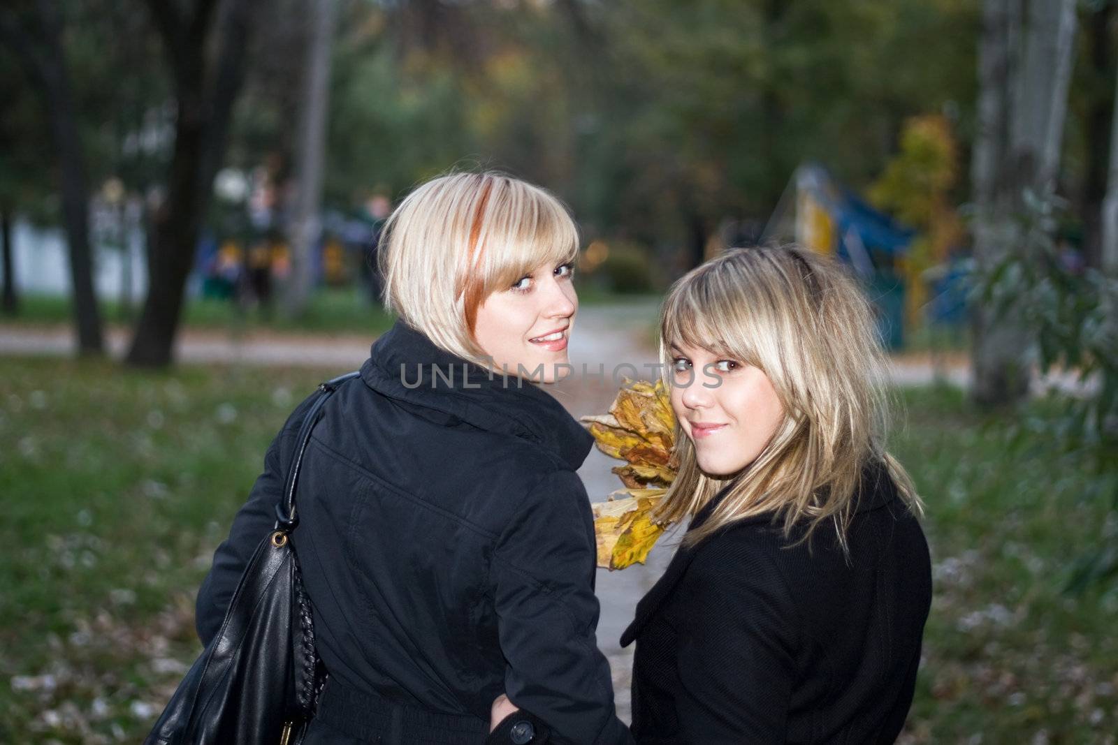 Portrait of the two young women in autumn park