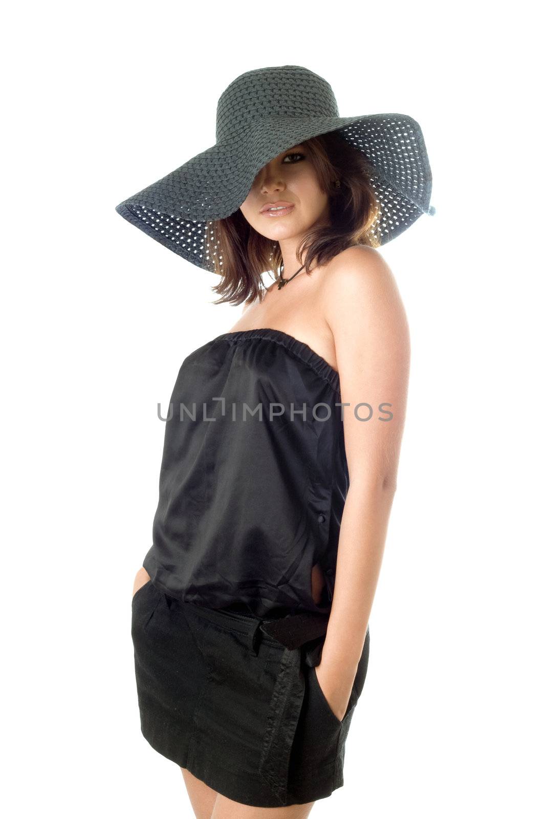 Sexy young woman posing in black dress and hat