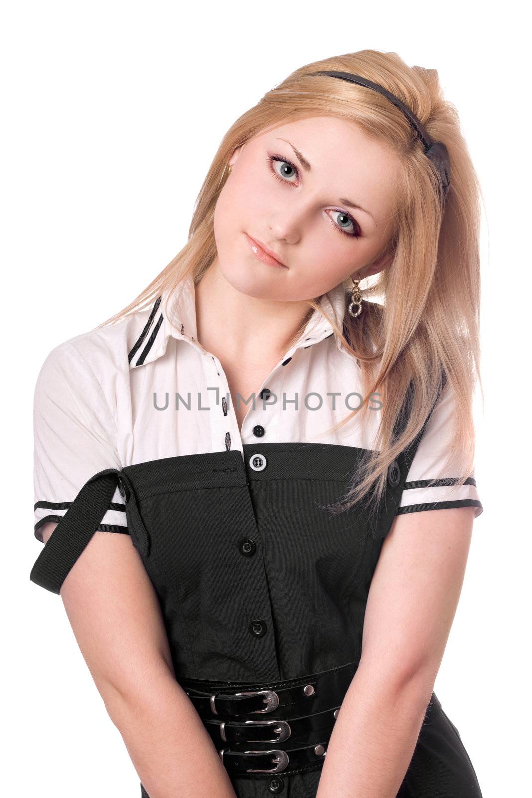 Portrait of pretty blonde in black dress. Isolated