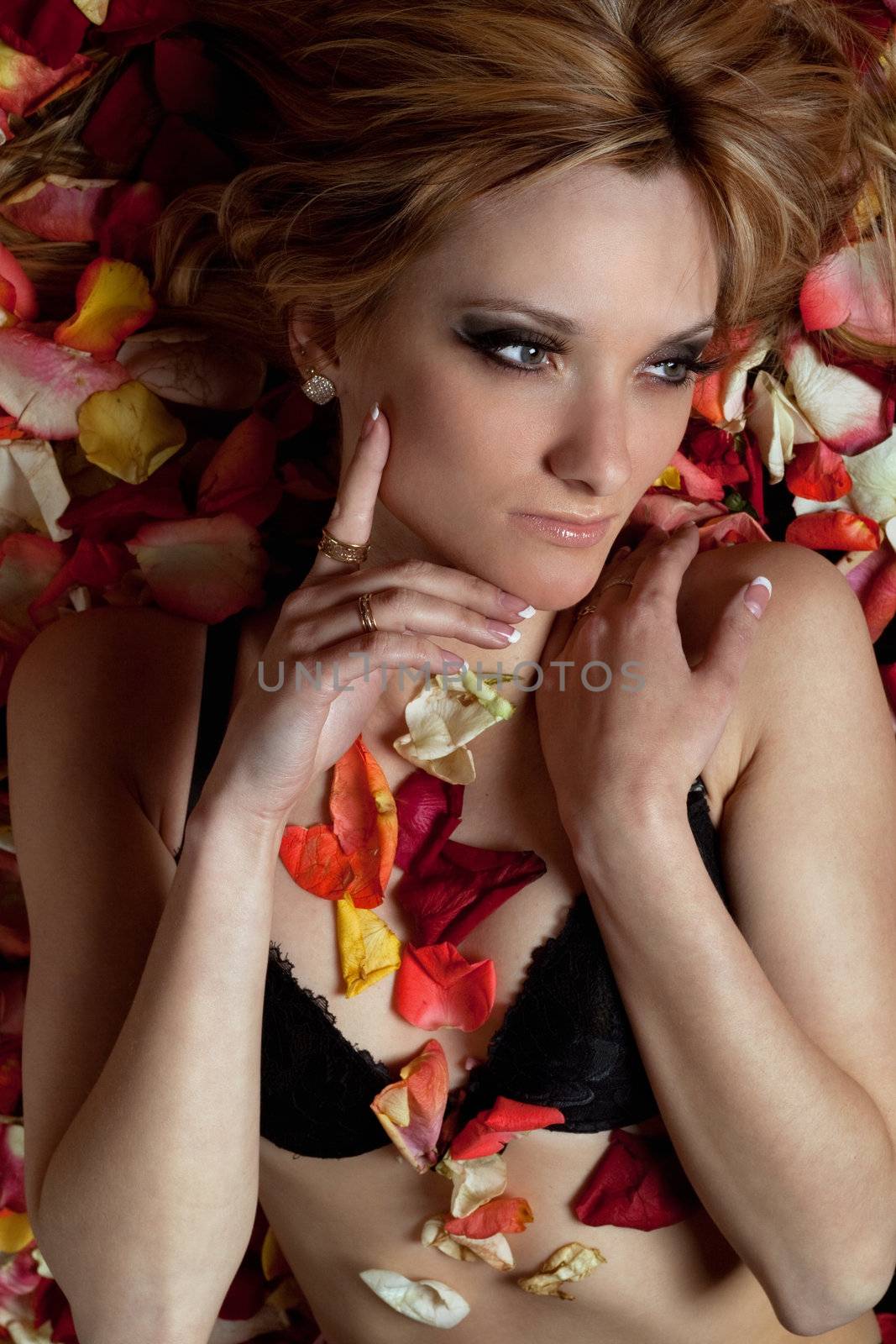 Portrait of pretty young woman lying in rose petals