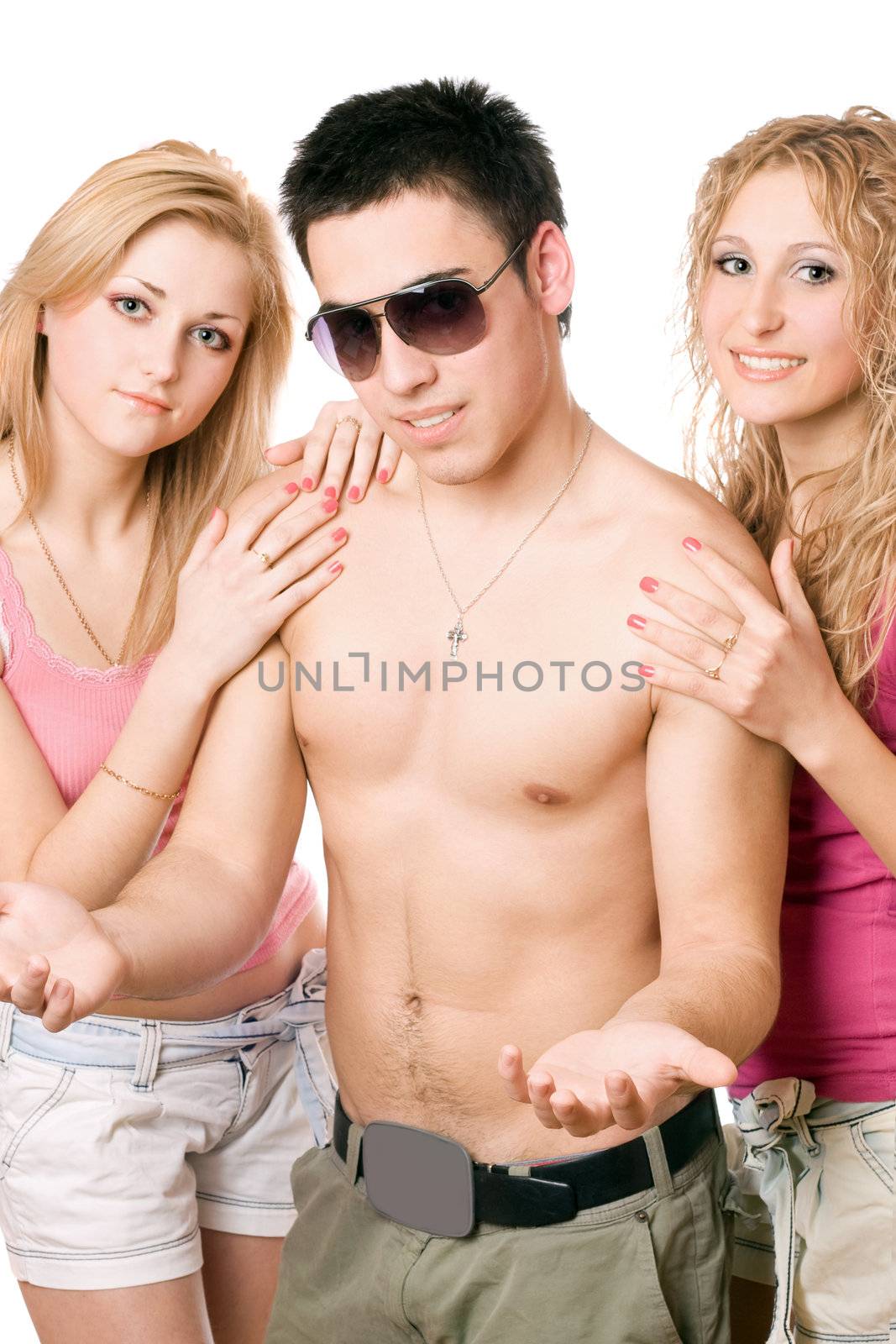 Two happy pretty blonde women with handsome young man