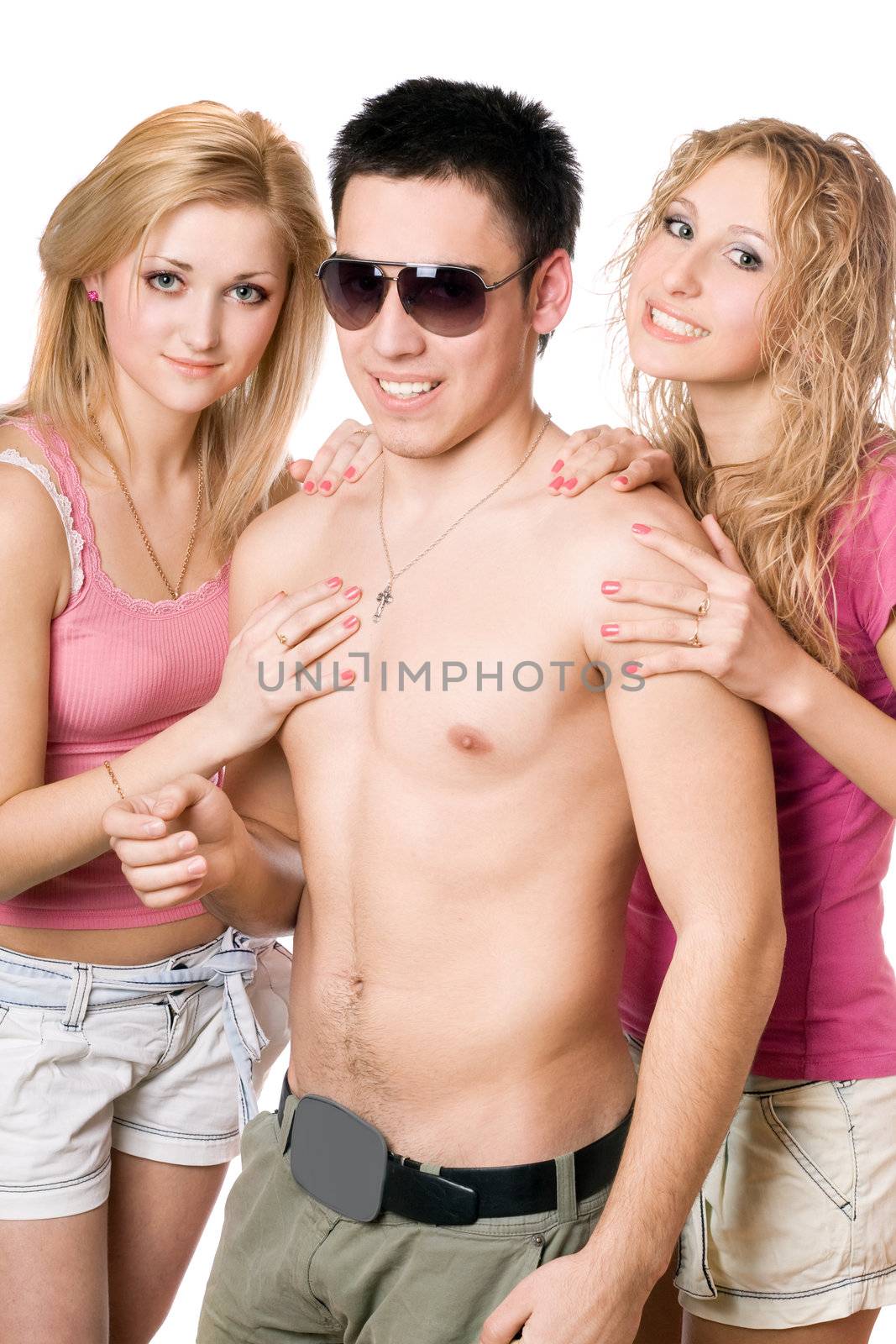 Two happy blonde women with handsome young man