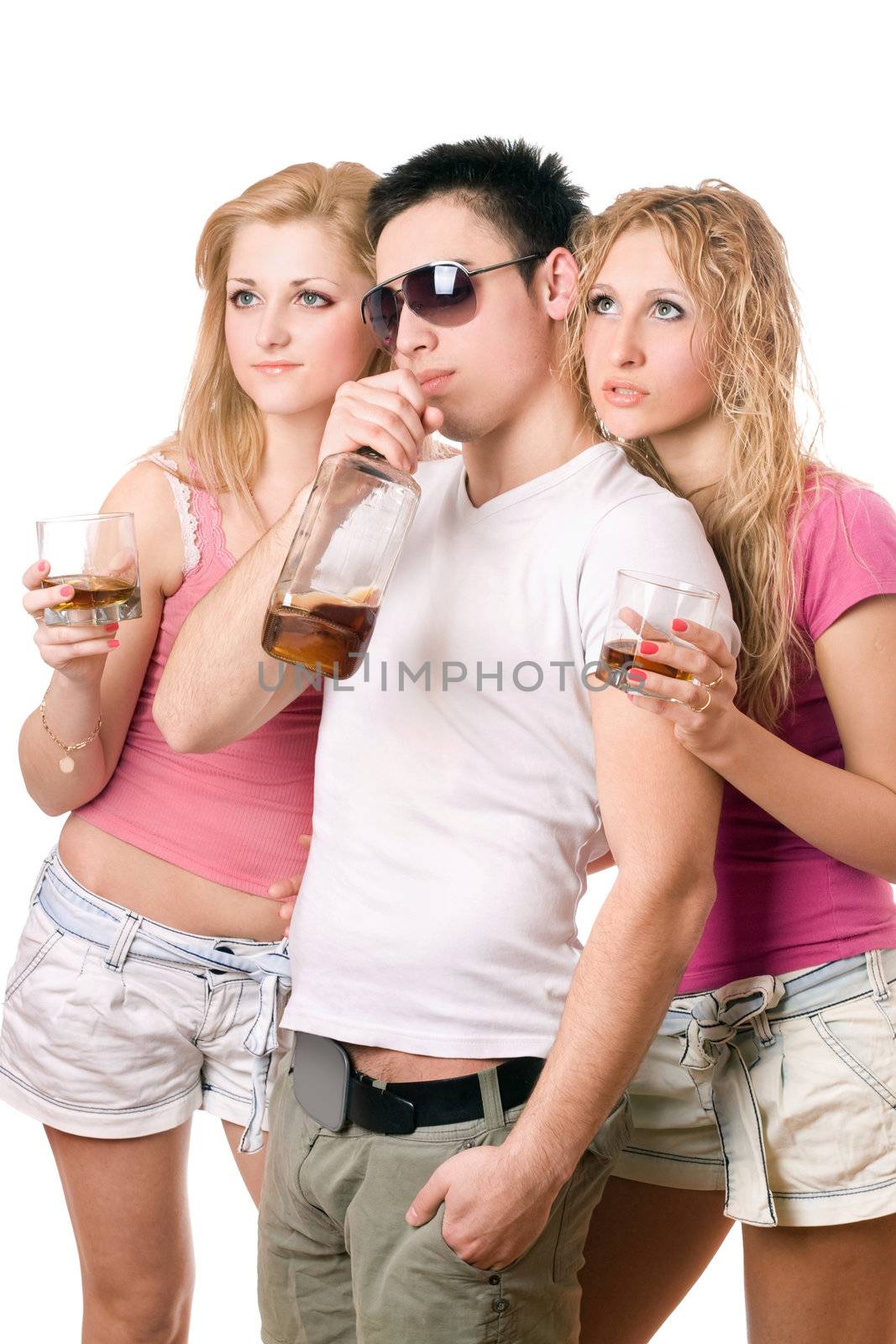 People with a bottle of whiskey. Isolated on white background