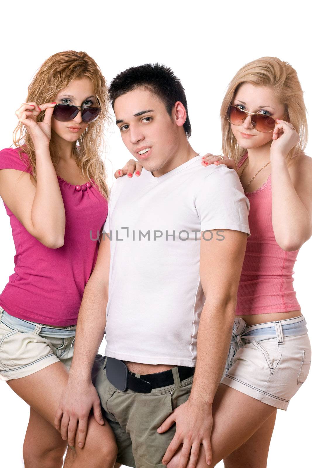 Portrait of a two pretty blonde women with handsome young man