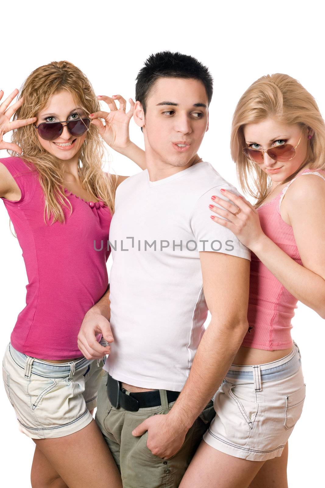 Portrait of a two happy blonde women with handsome young man