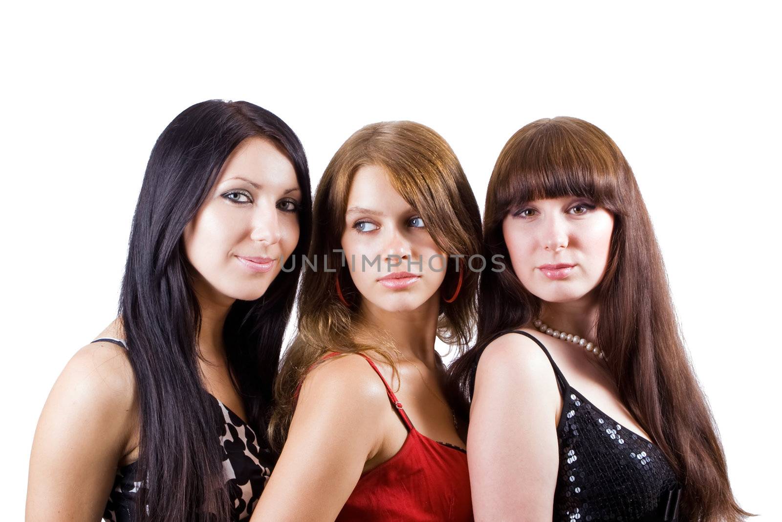 Portrait of three beautiful young women. Isolated by acidgrey