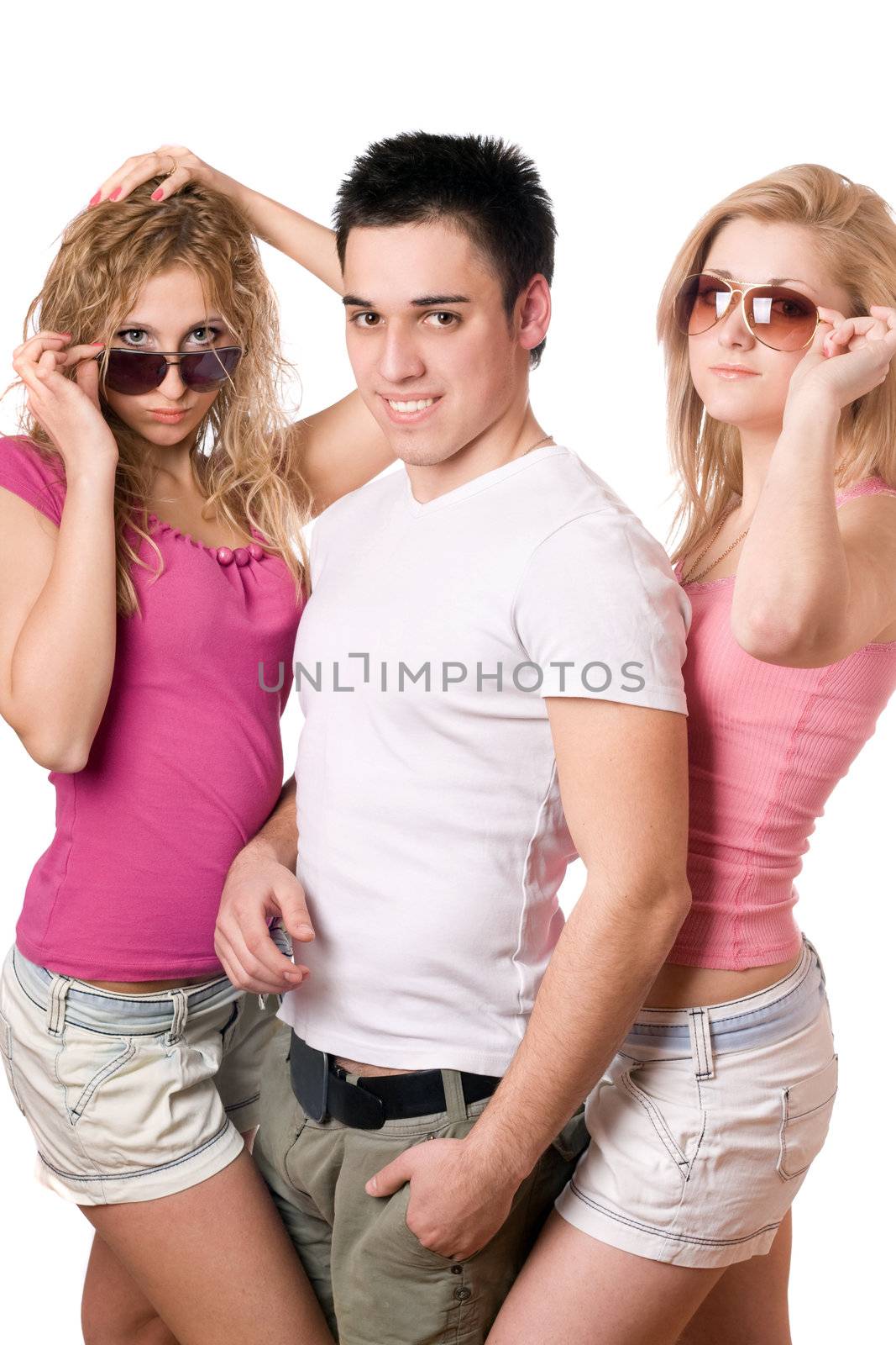 Portrait of a two blonde women with handsome young man