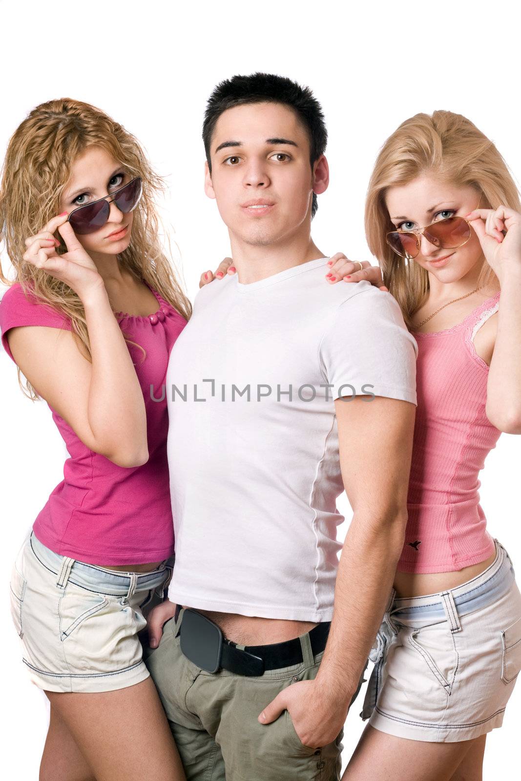 Portrait of a two beautiful blonde women with handsome young man