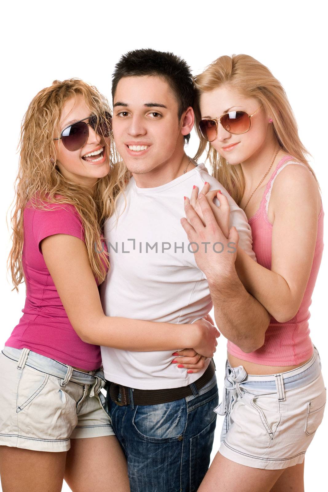 Portrait of a two joyful women and handsome young man