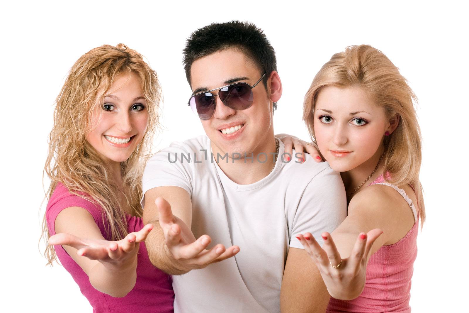 Portrait of two joyful blonde with handsome young man. Isolated