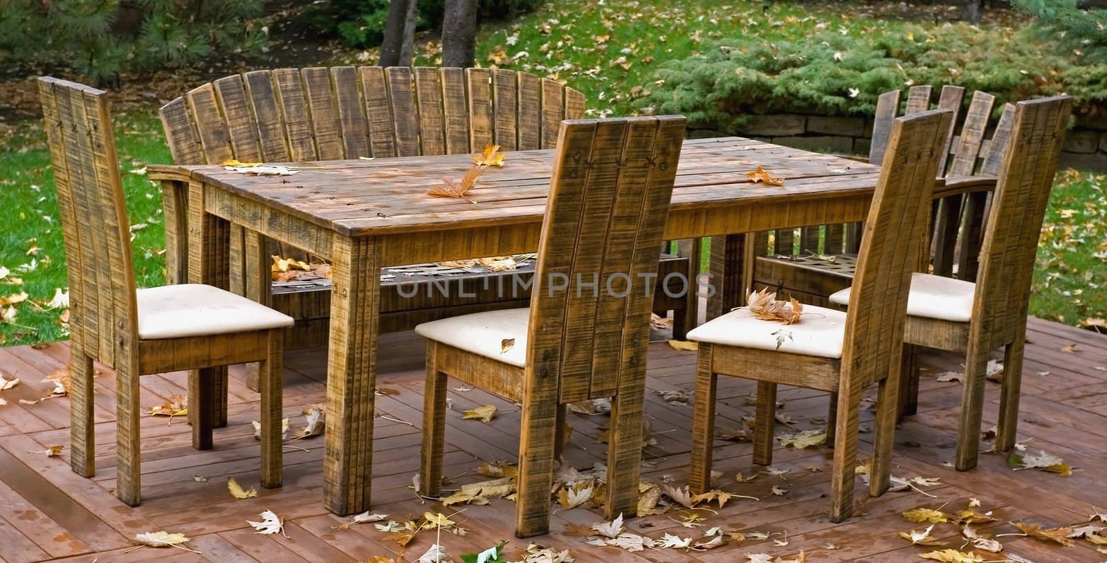 Abscissed leaves of maple on a table and chairs among a green grass