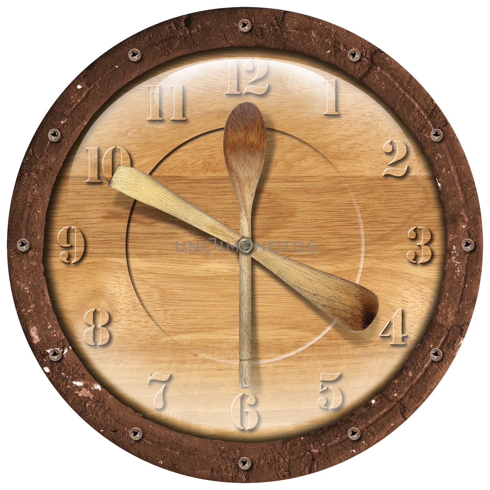 Old grunge clock with ladles - concept lunch time on white background
