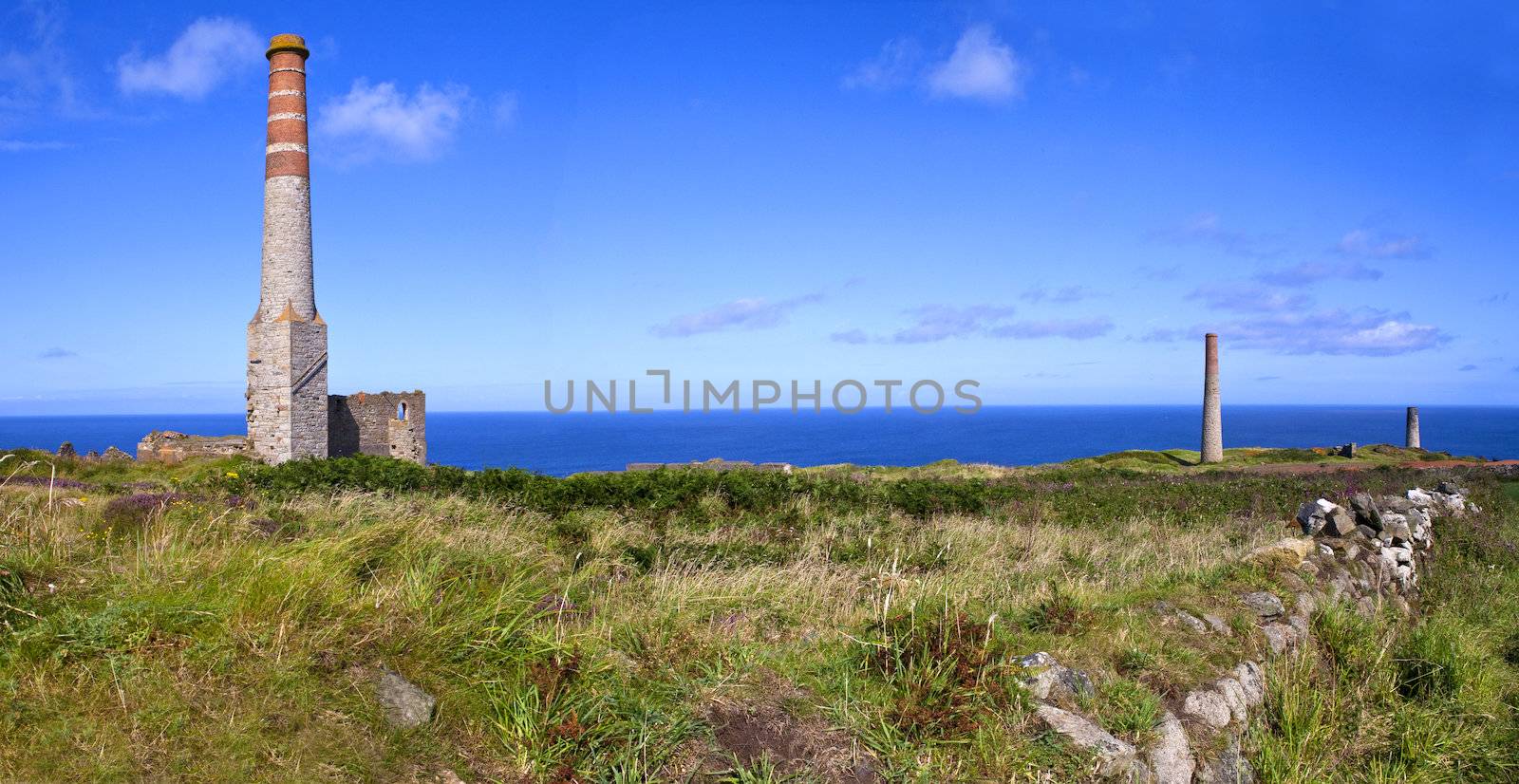 Remains of the old Engine house chimneys at Levant Tin Mine - located very close to Geevor Tin Mine in Cornwall, England.