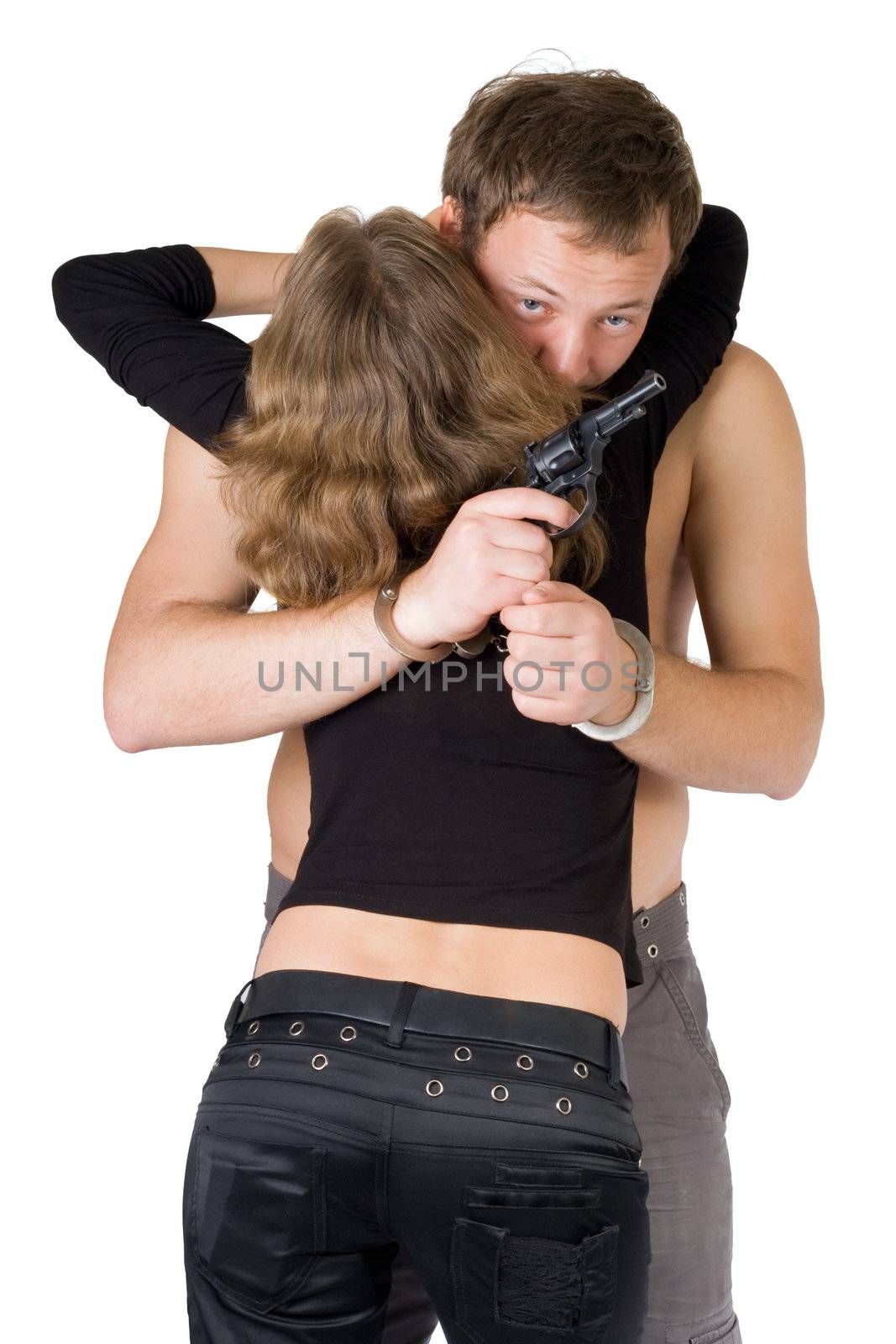 Criminal young man and woman. Isolated on white