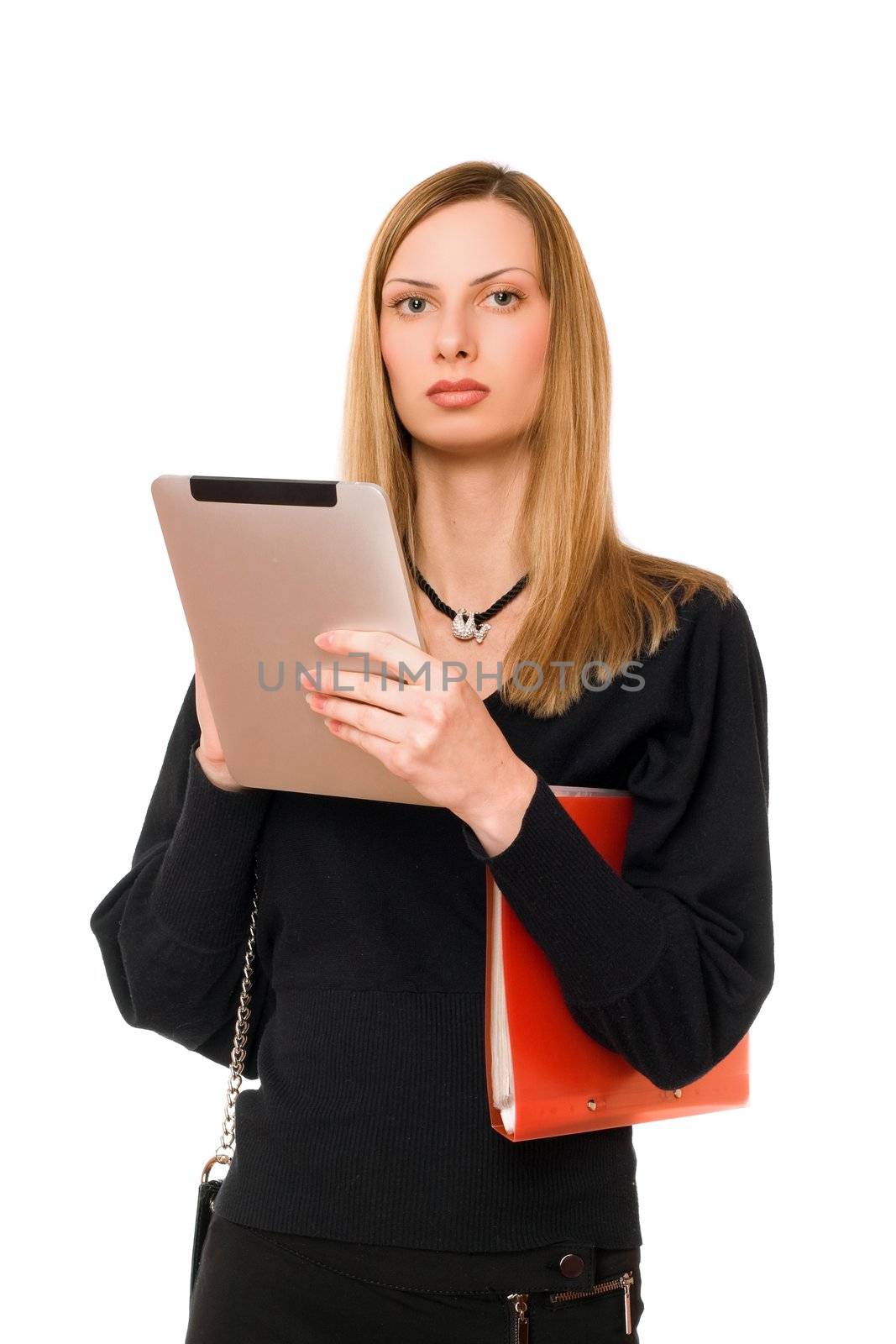 Young lady in black with the pda