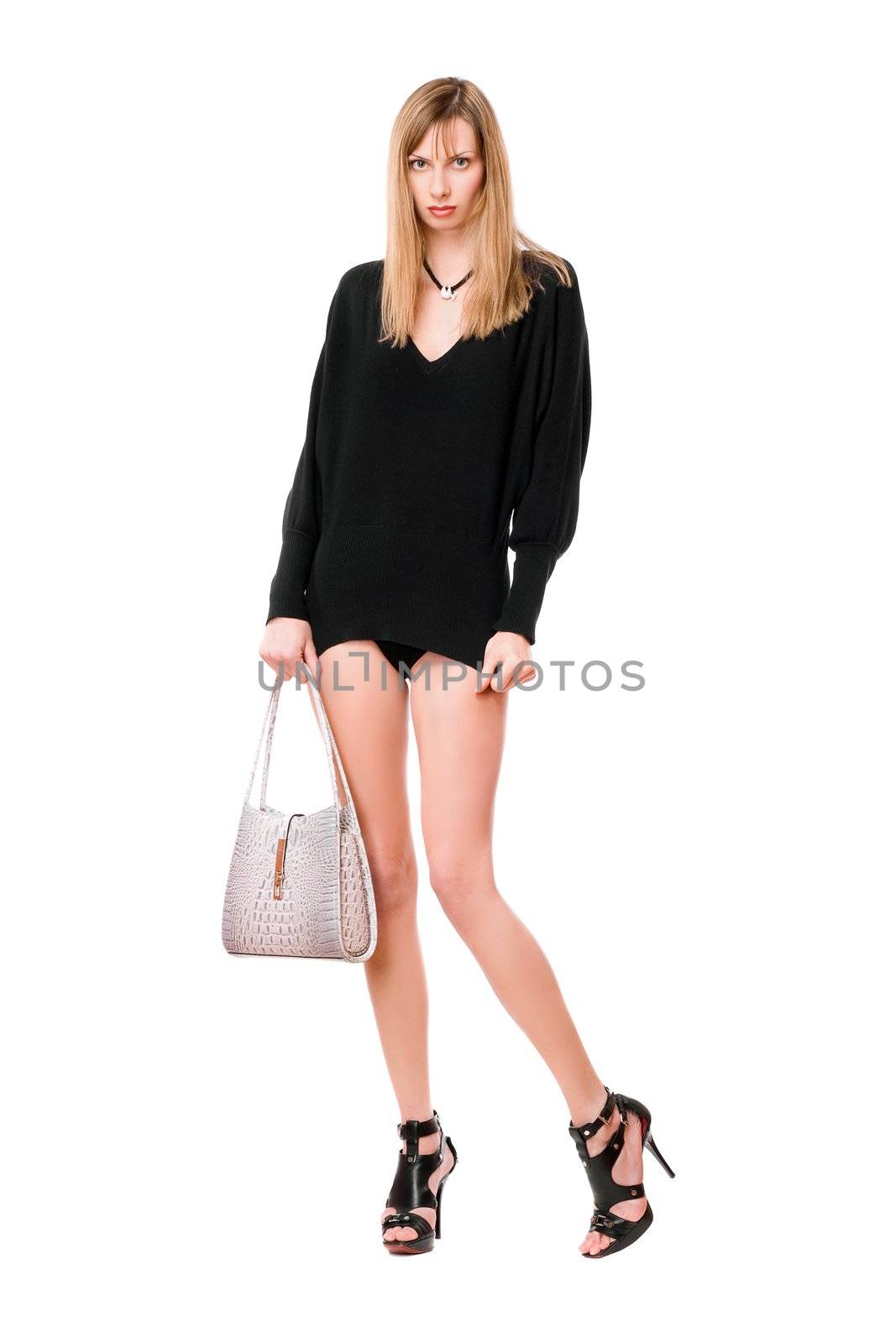 Sensual blonde woman with the white purse