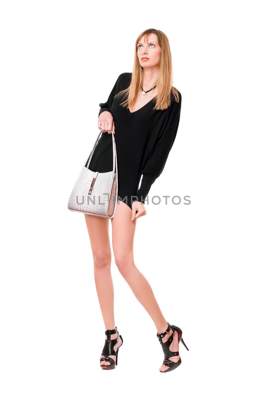 Sensual beautiful girl with the white purse