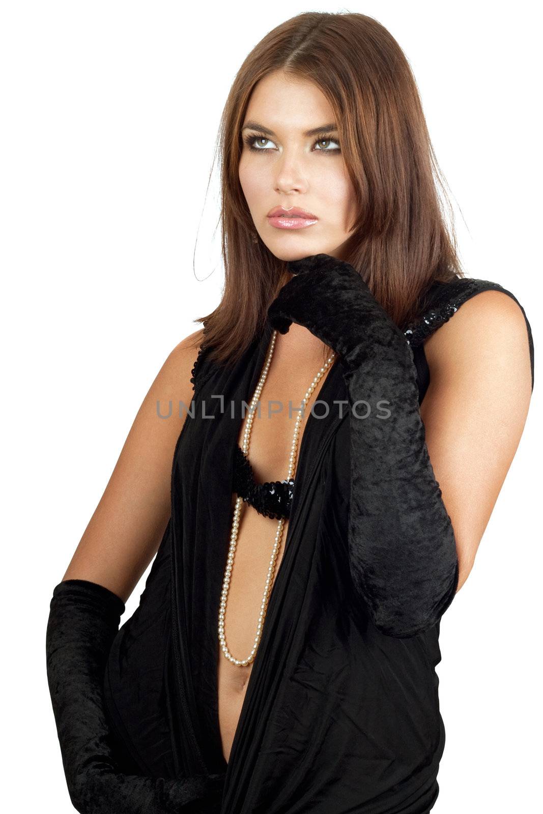 Attractive young woman in black dress. Isolated