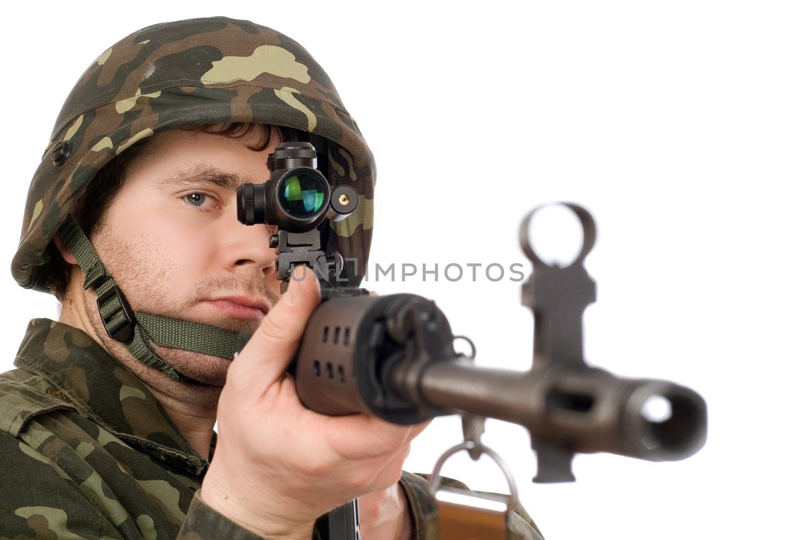 Armed soldier keeping svd in studio. Isolated