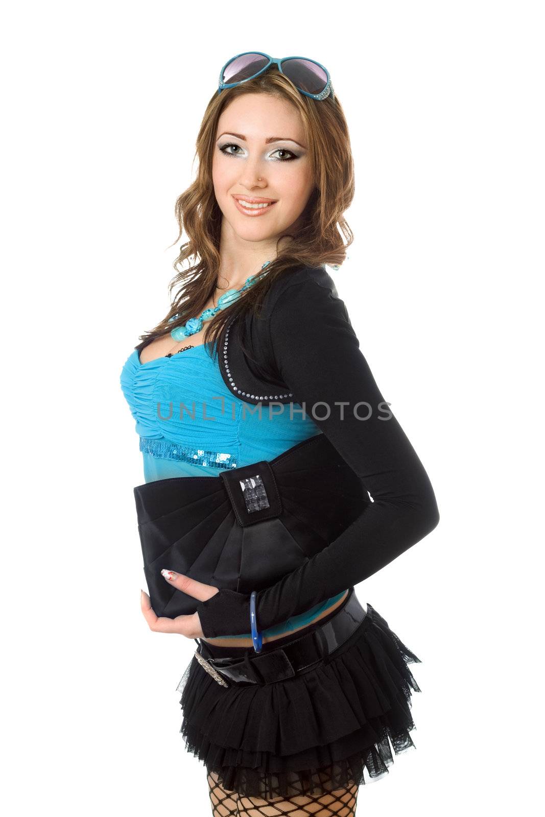 Portrait of playful pretty young woman. Isolated on white