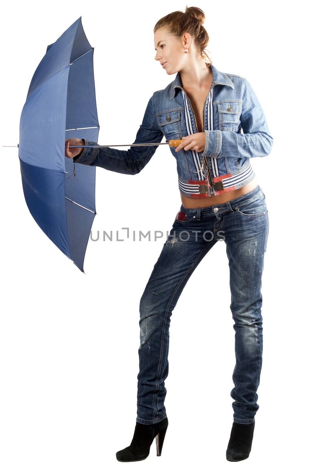 Pretty woman in a denim suit with umbrella