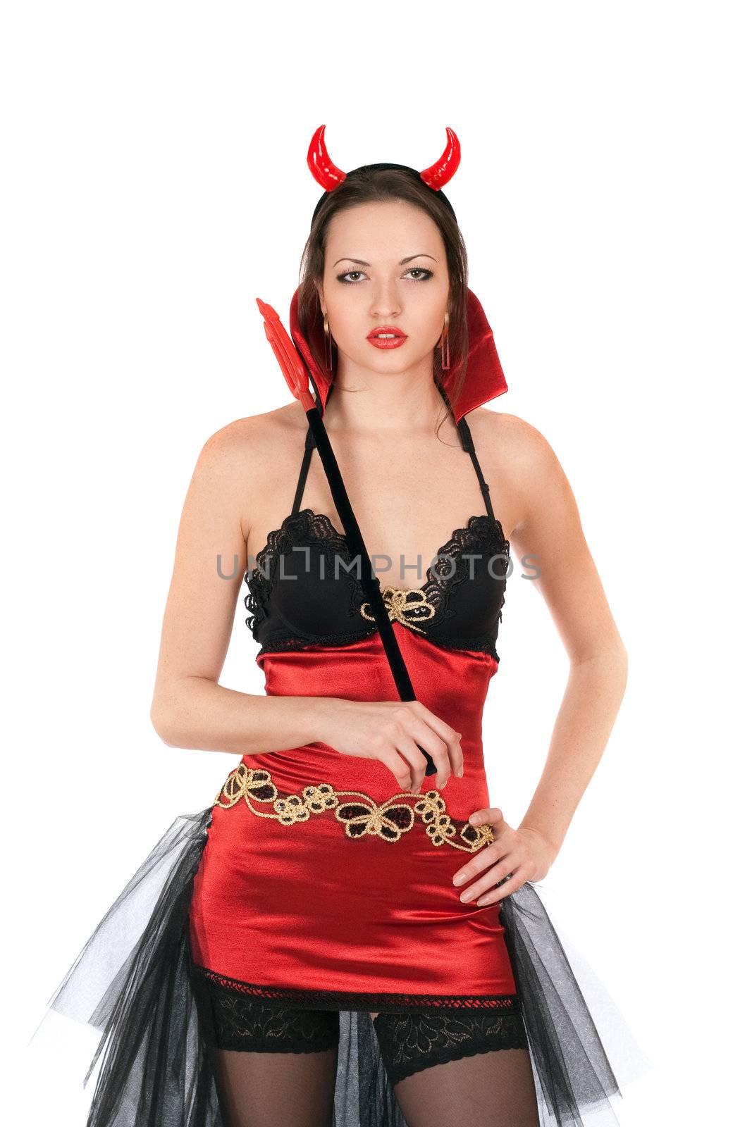 Portrait of young woman is wearing a sexy devil costume