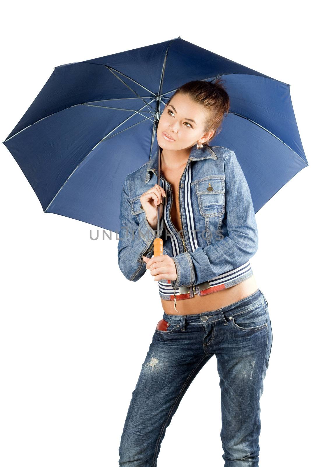 Lovely woman in a denim suit with umbrella