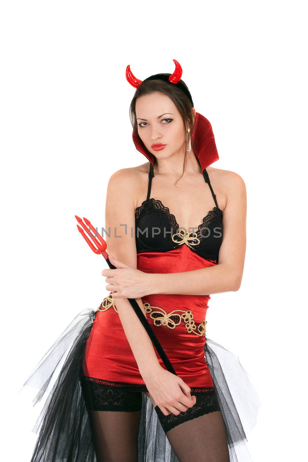 Portrait of attractive young woman is wearing a sexy devil costume