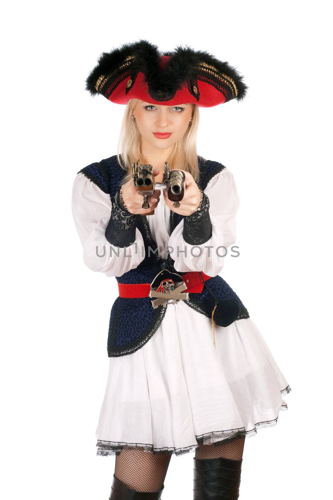 Beautiful young blonde with guns dressed as pirates