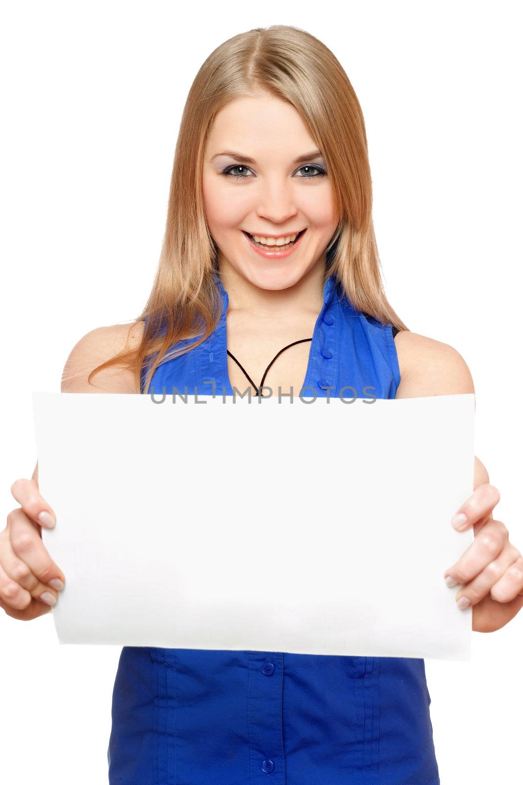 Happy young woman holding empty white board by acidgrey