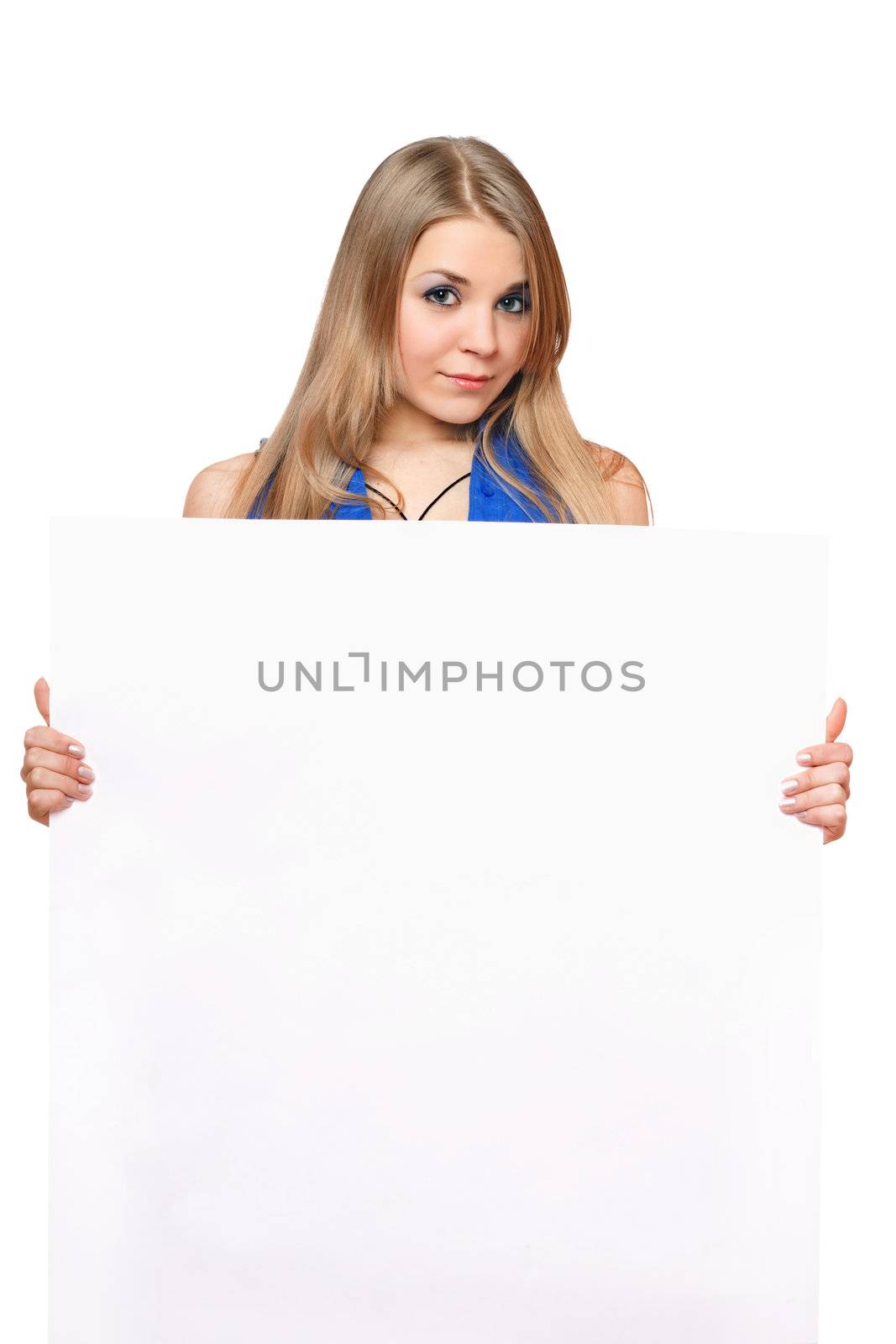 Pretty young woman posing with white board. Isolated