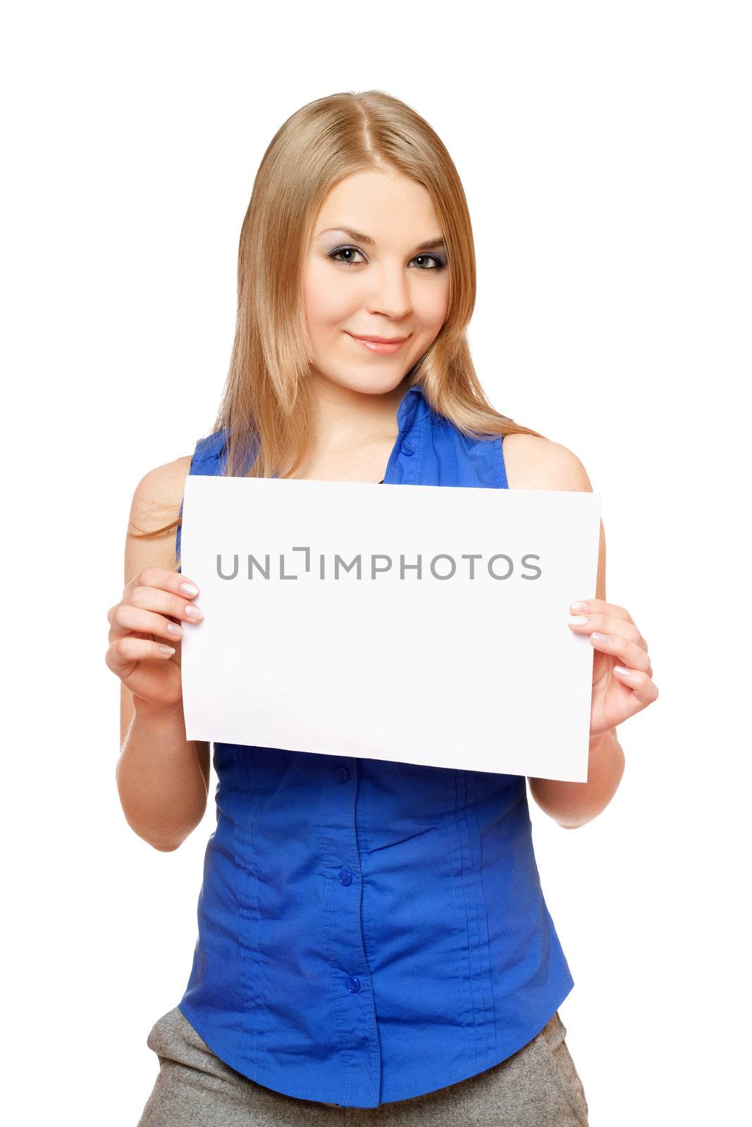 Beautiful young woman holding empty white board. Isolated