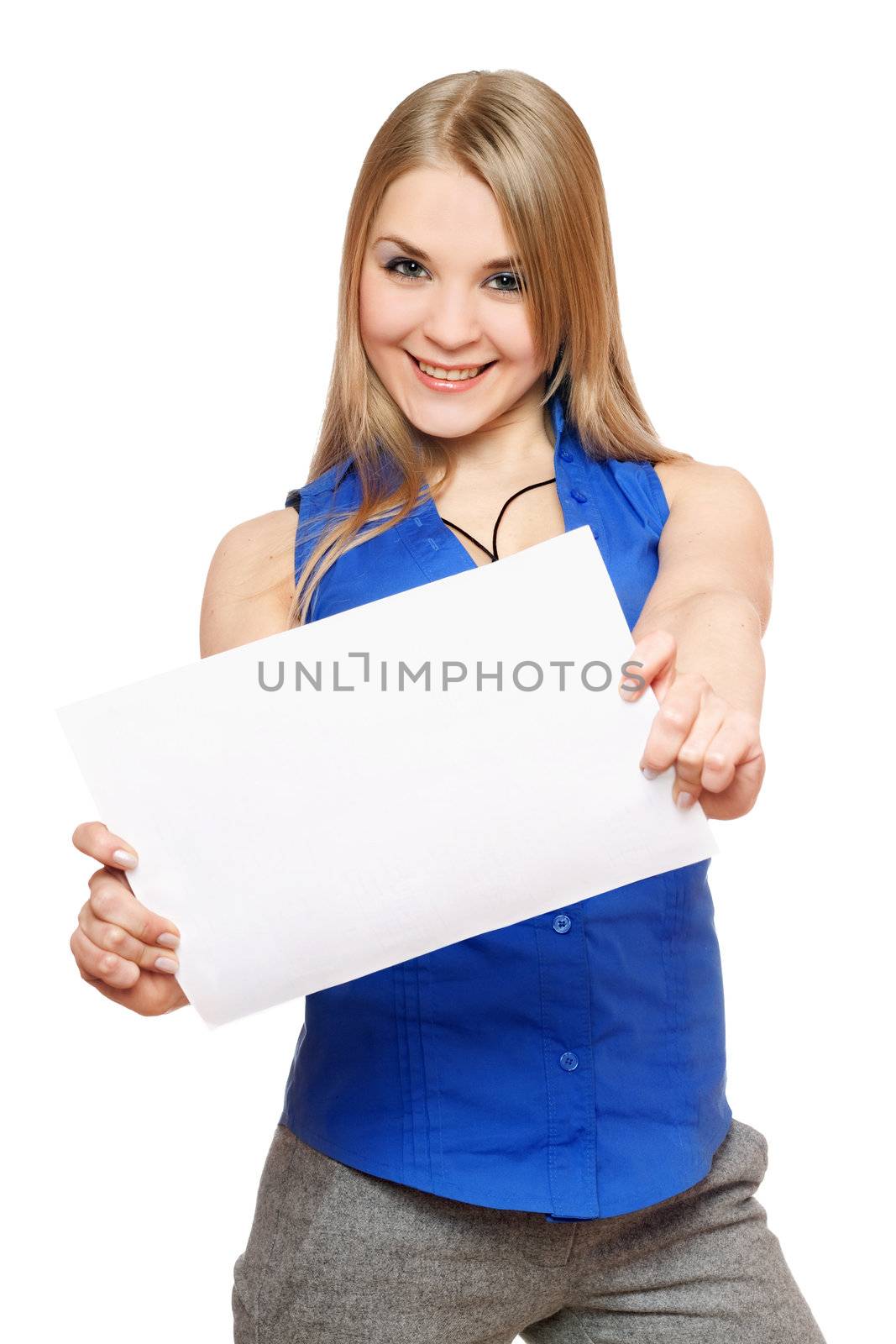 Joyful young woman holding empty white board. Isolated