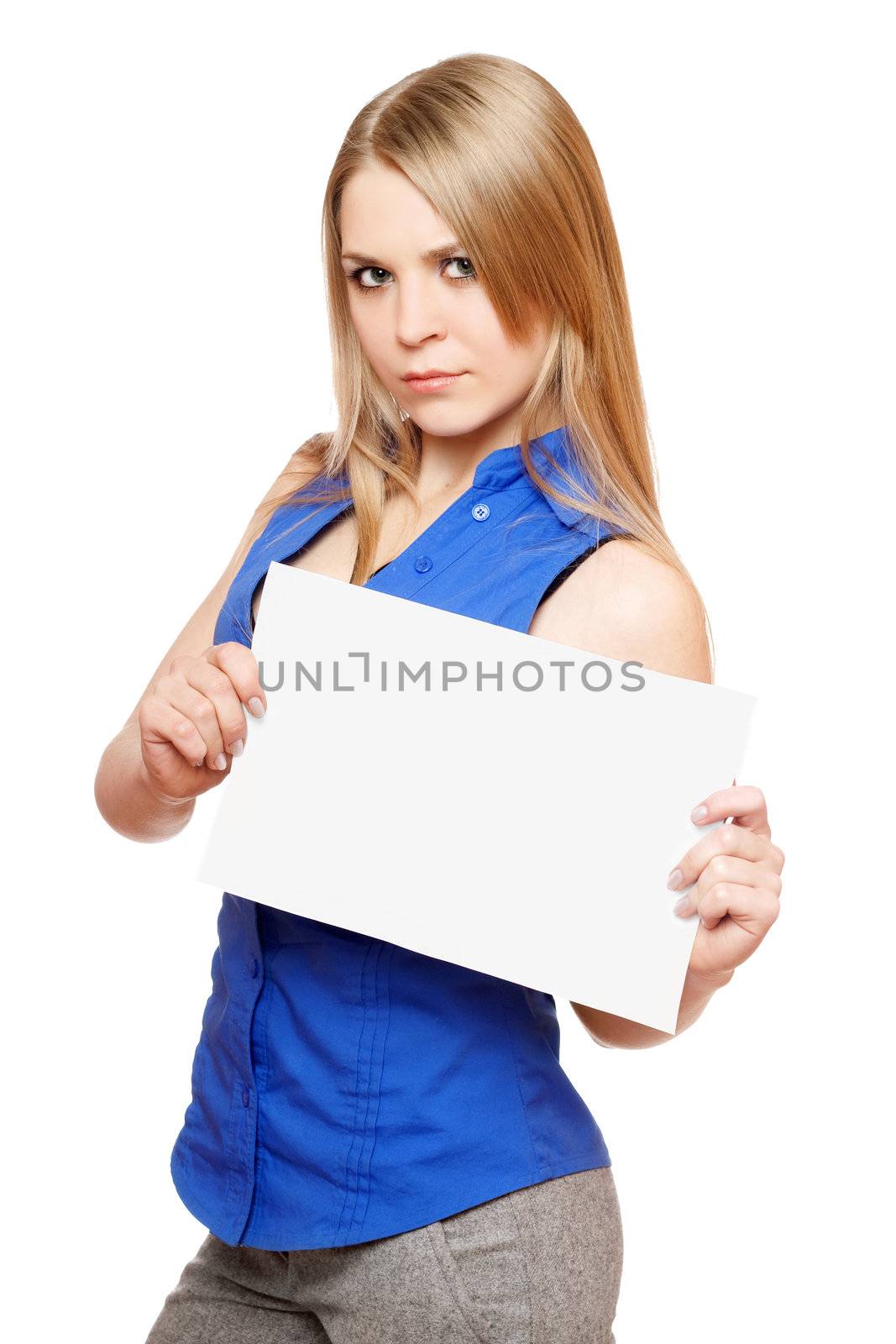 Serious young woman holding empty white board by acidgrey