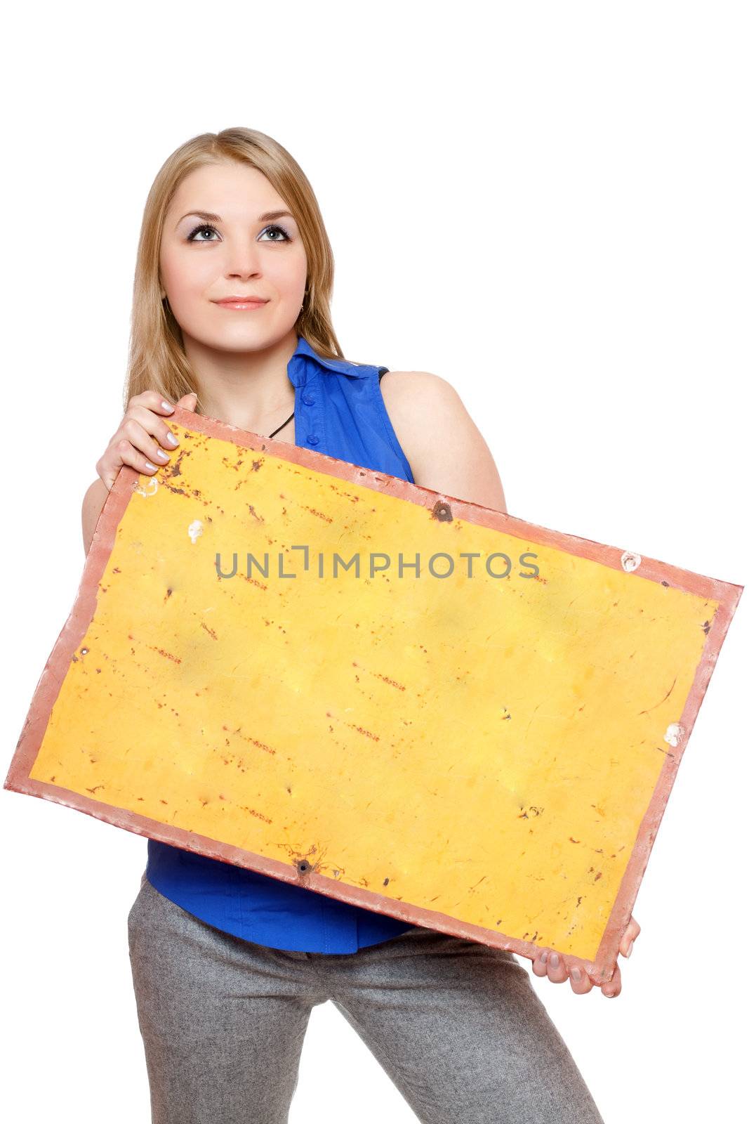Pretty young woman posing with yellow vintage board. Isolated
