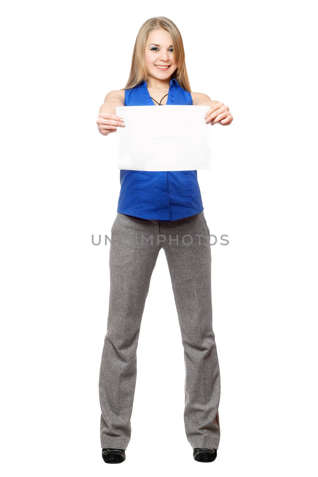 Happy young blonde holding empty white board. Isolated on white