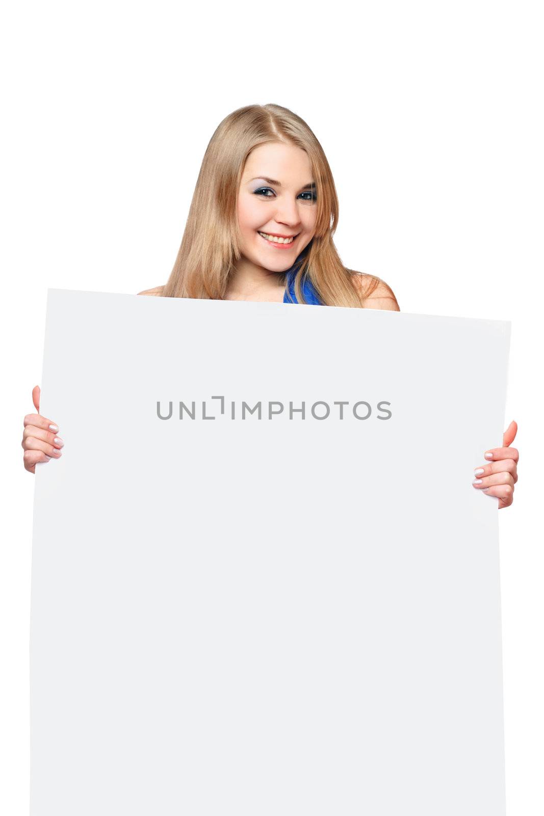 Happy young woman posing with white board. Isolated