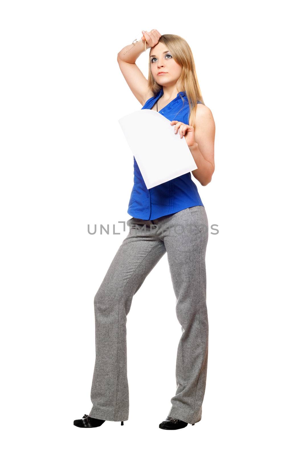 Tired young business woman with a paper document