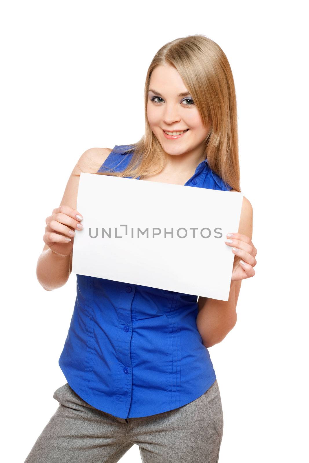 Cheerful young woman holding empty white board by acidgrey
