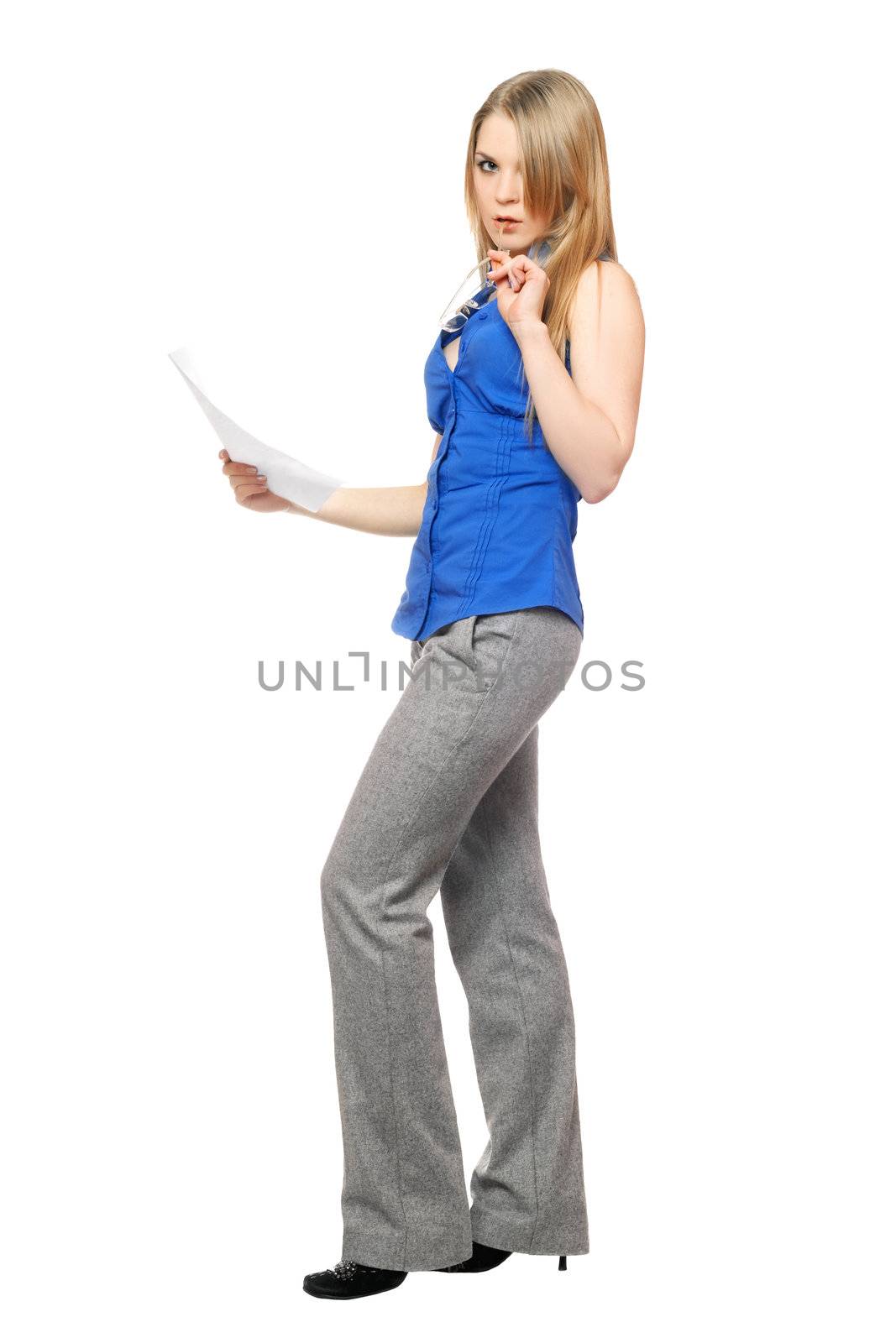 Thoughtful young business woman with a paper document